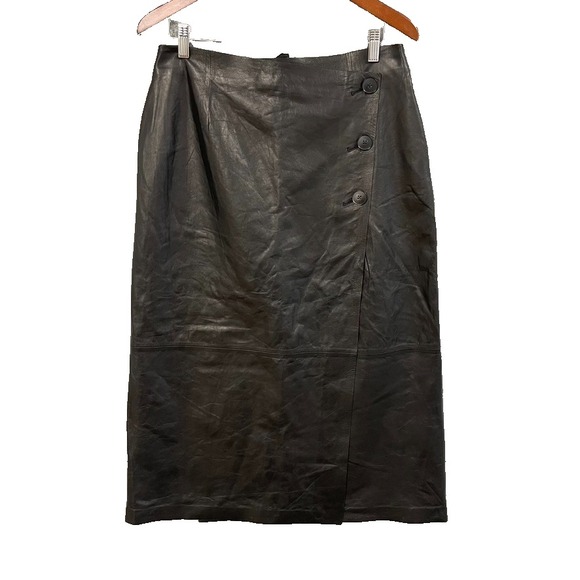 Lafayette 143 Leather Wrap Skirt Womens 12 Black Button Midi Career Business New